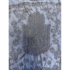Lucky Lotus Womens Hamsa Embroidered T-Shirt Faded Blue Boho Spiritual Tee Large